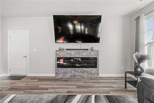 living room with hardwood / wood-style flooring and a stone fireplace