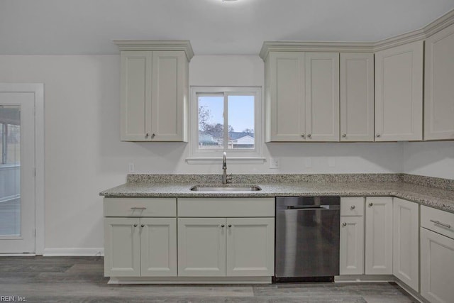 kitchen with white cabinetry, dishwasher, sink, and dark hardwood / wood-style floors