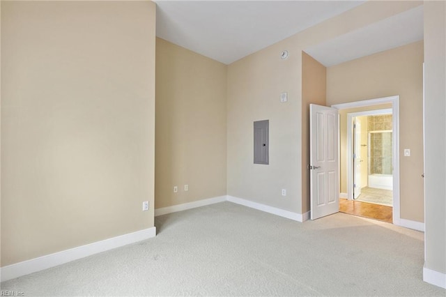 unfurnished room featuring electric panel and carpet