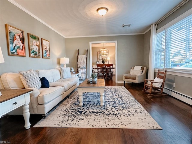 living room featuring crown molding and dark hardwood / wood-style floors