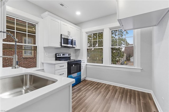 kitchen featuring white cabinetry, hardwood / wood-style floors, stainless steel appliances, and sink