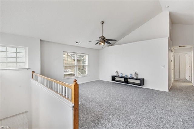 interior space with high vaulted ceiling and ceiling fan