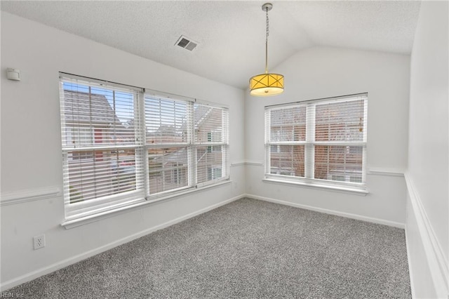 unfurnished room featuring lofted ceiling, carpet, and a textured ceiling