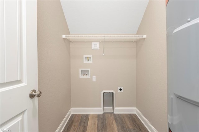 laundry room with electric dryer hookup, washer hookup, and dark wood-type flooring