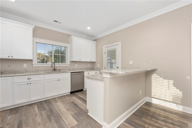 kitchen with white cabinets, crown molding, sink, and dishwasher