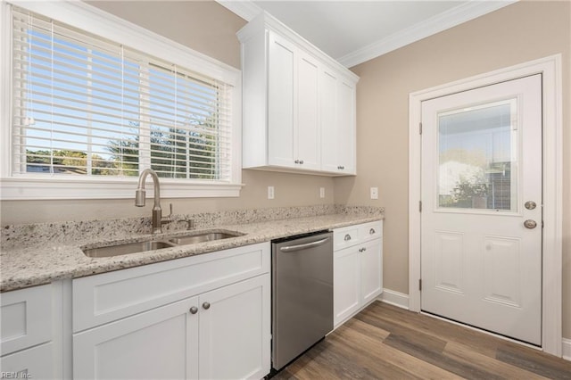 kitchen featuring light stone counters, sink, stainless steel dishwasher, and white cabinets