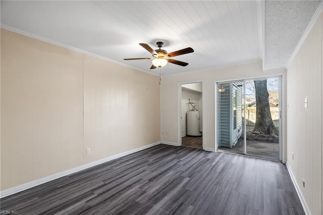 unfurnished bedroom featuring crown molding, water heater, ceiling fan, dark hardwood / wood-style flooring, and access to outside