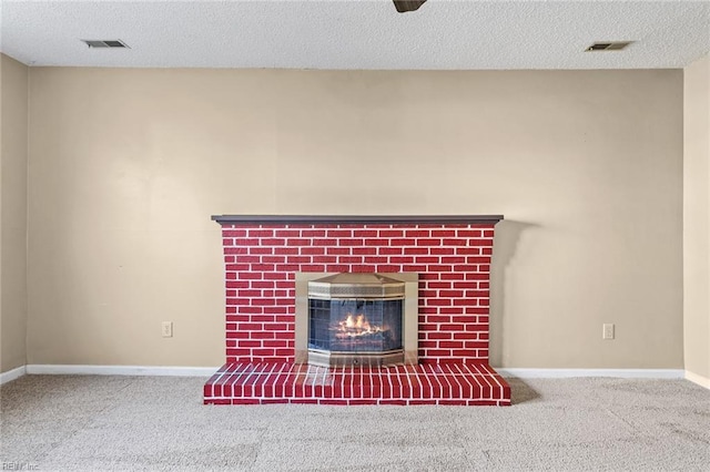 details with carpet flooring, a fireplace, and a textured ceiling