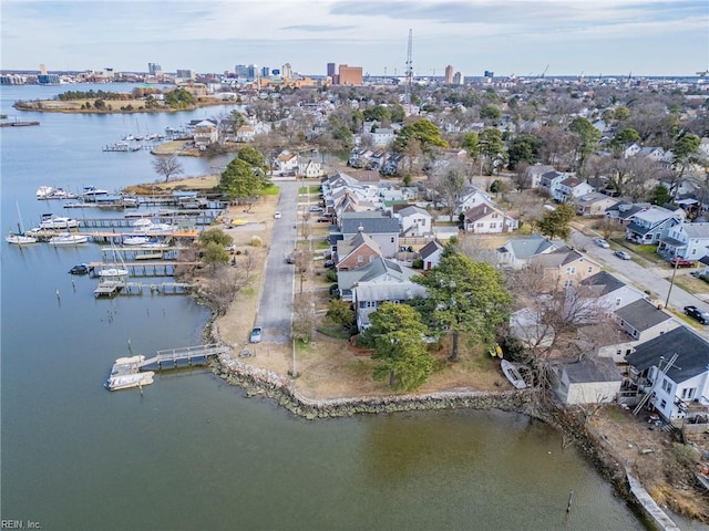 drone / aerial view featuring a water view