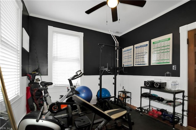 exercise area with crown molding and ceiling fan