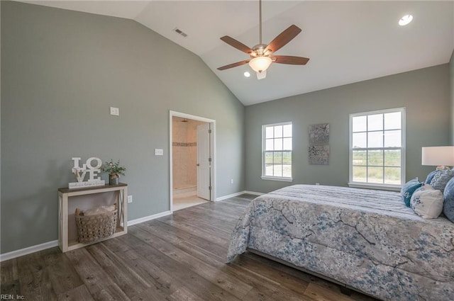 bedroom with connected bathroom, hardwood / wood-style flooring, high vaulted ceiling, and ceiling fan