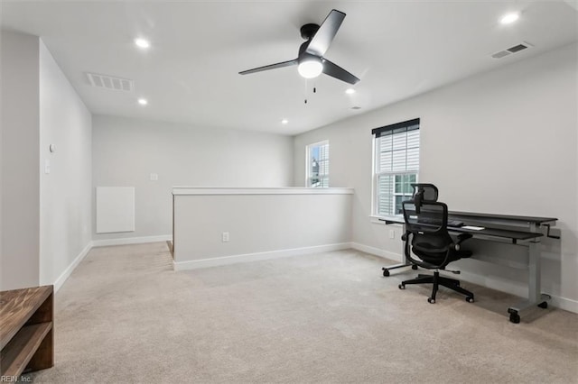 home office with light carpet, baseboards, visible vents, and recessed lighting