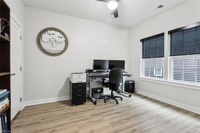 office featuring light wood-style floors, baseboards, and visible vents