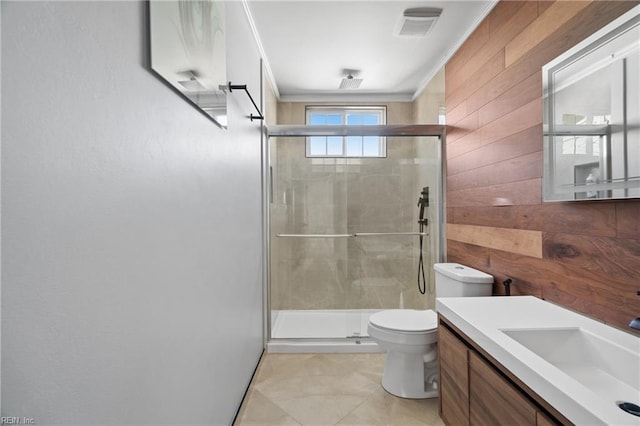 bathroom featuring walk in shower, toilet, vanity, and wood walls