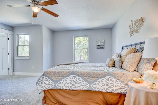 carpeted bedroom featuring multiple windows, ceiling fan, and a textured ceiling