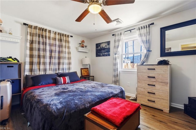 bedroom with ceiling fan and wood-type flooring