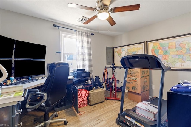 office area with ceiling fan, electric panel, and hardwood / wood-style floors