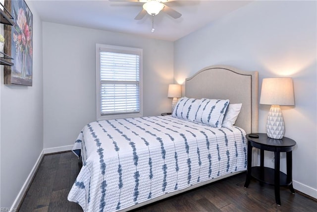 bedroom featuring dark wood-type flooring and ceiling fan