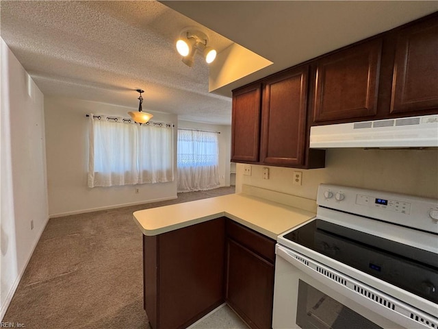 kitchen featuring pendant lighting, white range with electric stovetop, a textured ceiling, light carpet, and kitchen peninsula