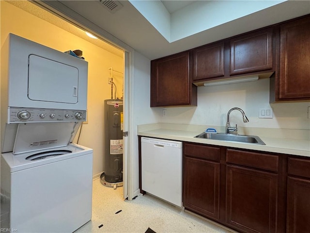 kitchen with sink, dishwasher, dark brown cabinets, electric water heater, and stacked washer and clothes dryer