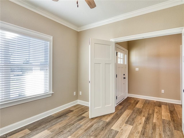 foyer with crown molding, wood-type flooring, and ceiling fan