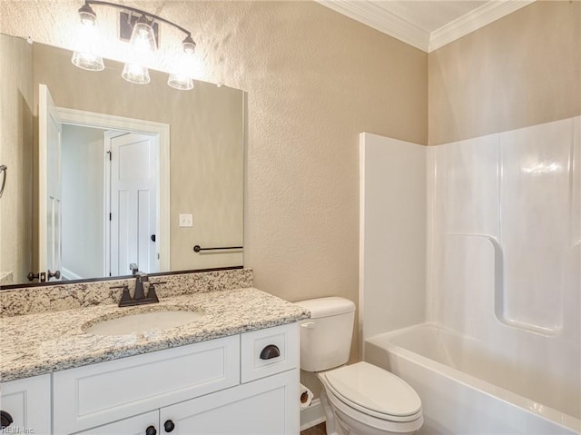 full bathroom with shower / tub combination, crown molding, vanity, and toilet