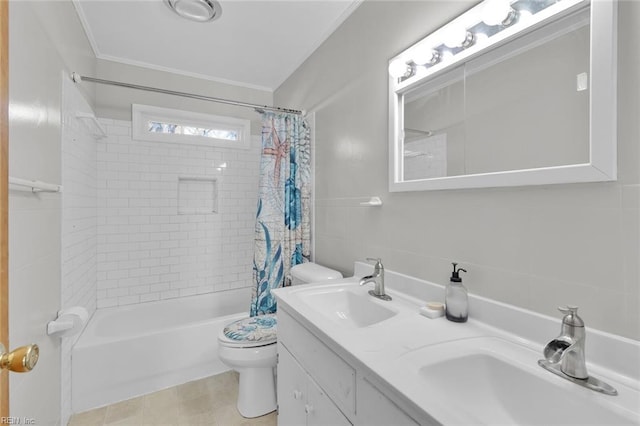 full bathroom with toilet, crown molding, tile walls, vanity, and shower / bath combination with curtain