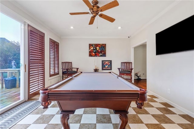 rec room featuring crown molding and ceiling fan