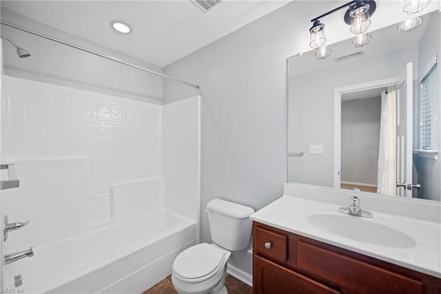 full bathroom with toilet, shower / tub combination, visible vents, and vanity