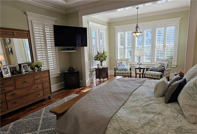 bedroom with dark hardwood / wood-style flooring and ornamental molding