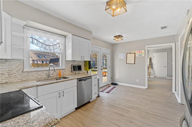 kitchen featuring stainless steel appliances, sink, white cabinets, and light stone counters