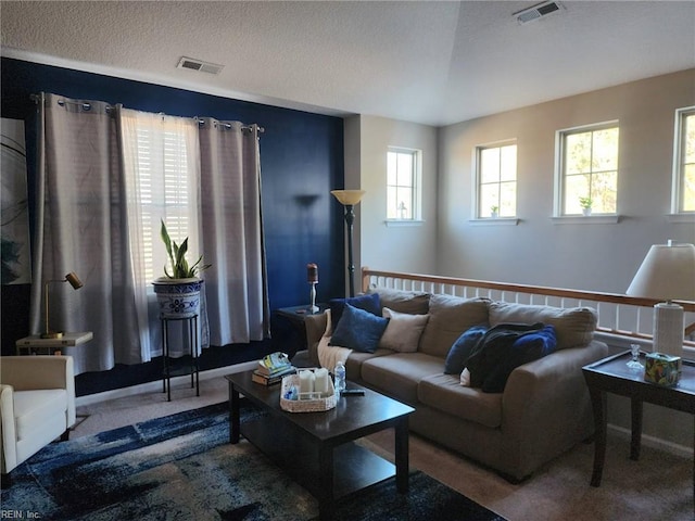 living room featuring a textured ceiling