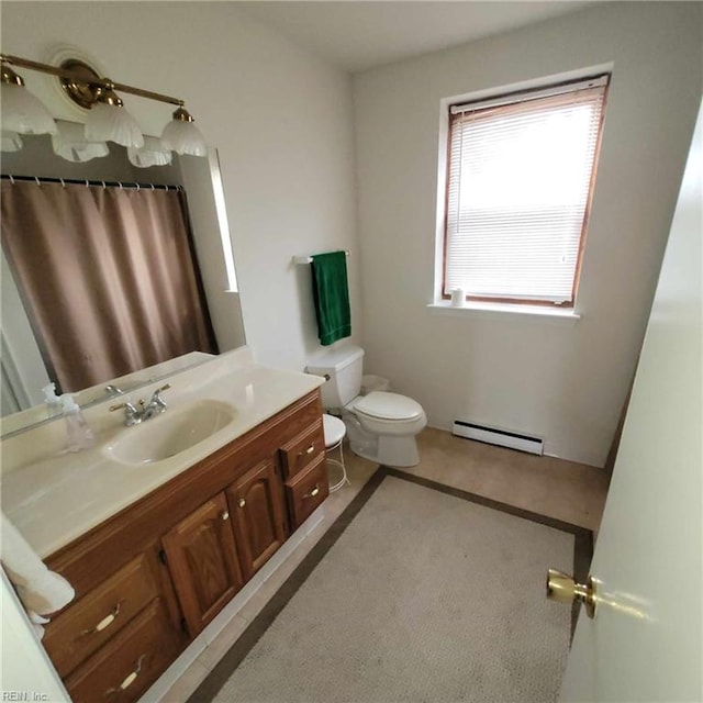 bathroom featuring a baseboard heating unit, vanity, toilet, and a shower with curtain