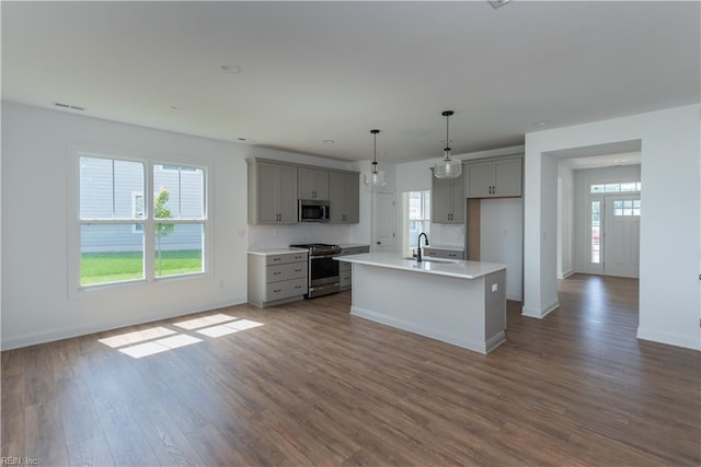 kitchen featuring sink, appliances with stainless steel finishes, gray cabinets, hardwood / wood-style floors, and a kitchen island with sink
