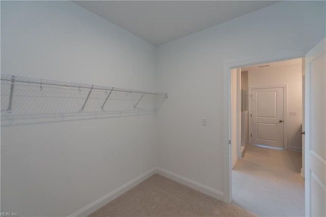 walk in closet featuring light colored carpet