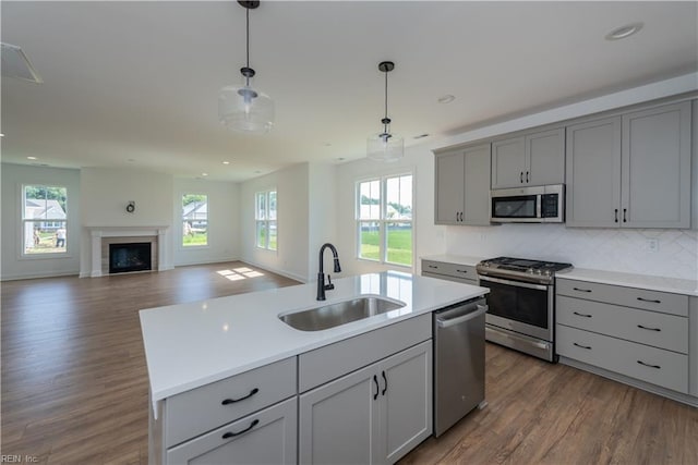 kitchen featuring pendant lighting, sink, a kitchen island with sink, gray cabinetry, and stainless steel appliances