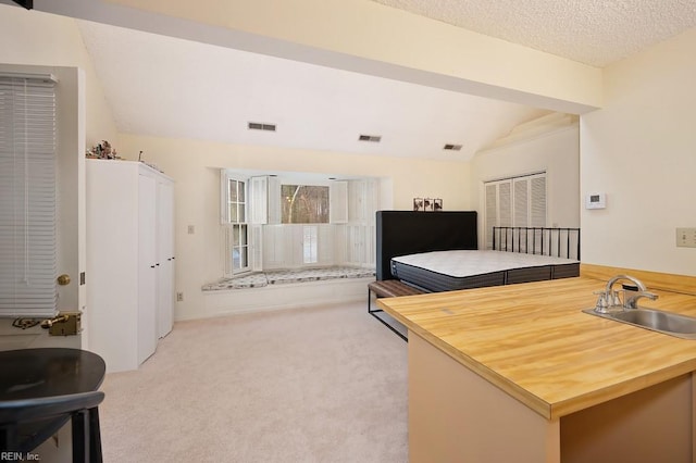 bedroom featuring vaulted ceiling, sink, light carpet, and a textured ceiling