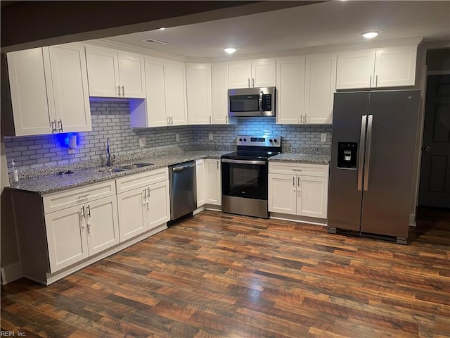 kitchen with sink, stainless steel appliances, dark hardwood / wood-style floors, and white cabinets