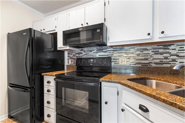 107 Marshall Way Unit J, Williamsburg, VA 23185 - kitchen with black appliances, ornamental molding, white cabinetry, decorative backsplash, and a sink