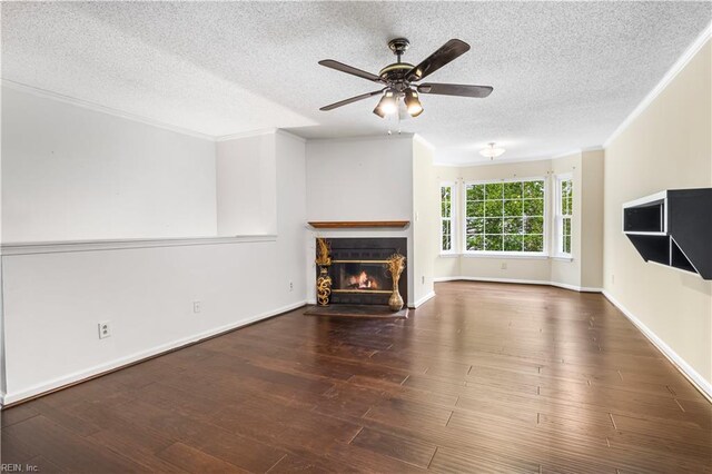 107 Marshall Way Unit J, Williamsburg, VA 23185 - unfurnished living room featuring a glass covered fireplace, a textured ceiling, wood finished floors, ceiling fan, and ornamental molding