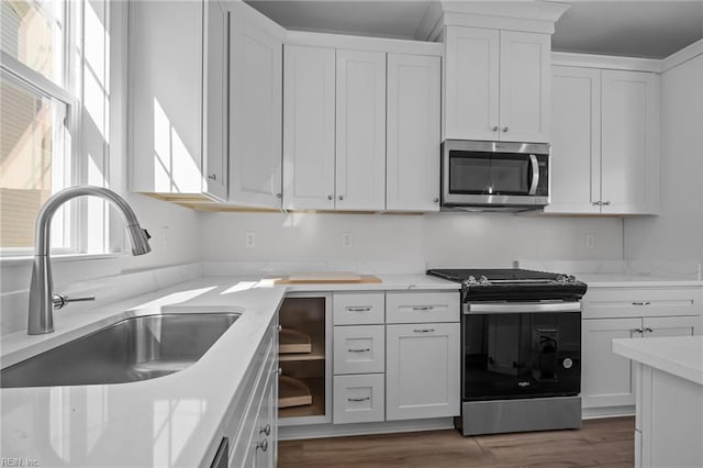 kitchen with dark wood-type flooring, stainless steel appliances, sink, and white cabinets