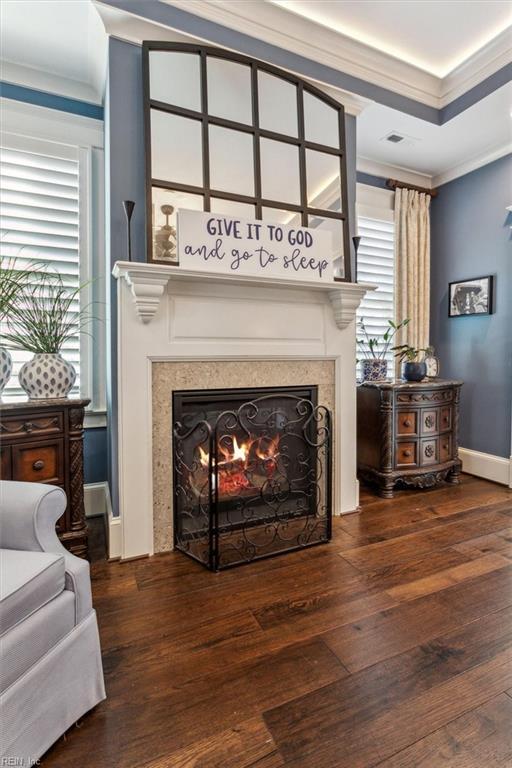 room details featuring hardwood / wood-style flooring, ornamental molding, and a tray ceiling