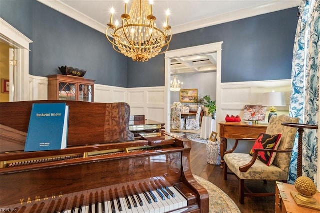 miscellaneous room with hardwood / wood-style floors, a chandelier, ornamental molding, coffered ceiling, and beam ceiling