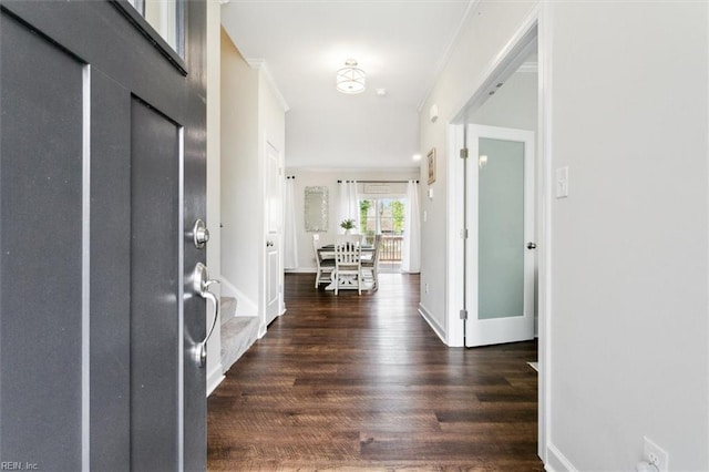 entryway with crown molding and dark hardwood / wood-style flooring