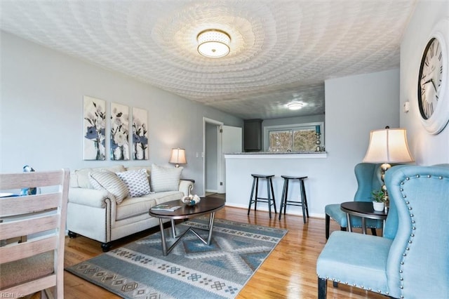 living room featuring hardwood / wood-style floors and a textured ceiling