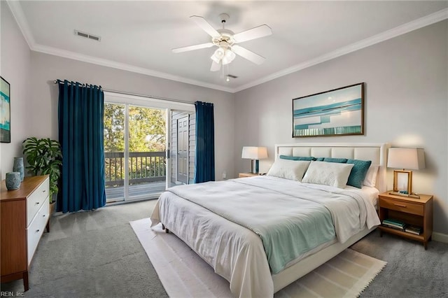 carpeted bedroom with ornamental molding, access to exterior, and ceiling fan