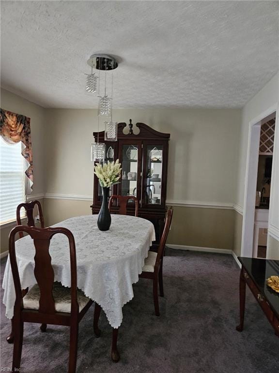 carpeted dining area featuring a textured ceiling