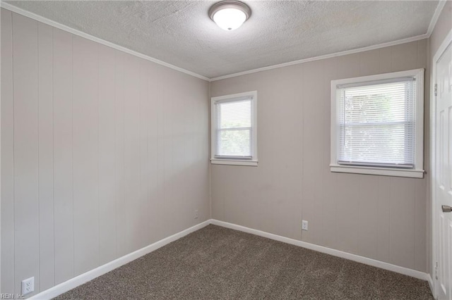 carpeted empty room featuring crown molding and a textured ceiling