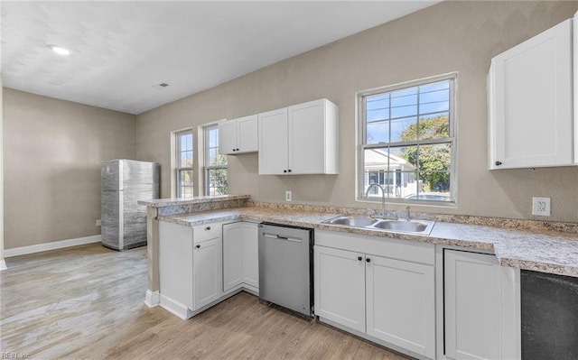 kitchen featuring sink, stainless steel dishwasher, and white cabinets