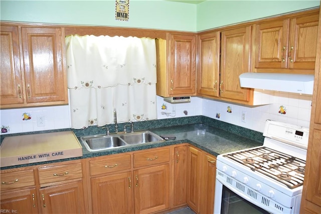 kitchen with sink, backsplash, range hood, and gas range gas stove